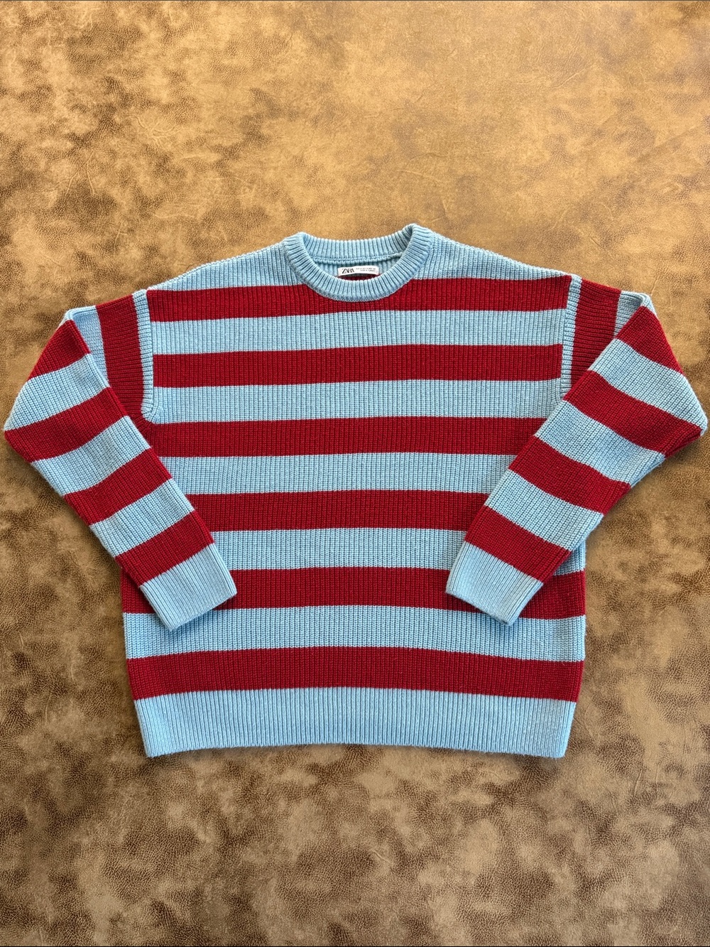 Zara Red & Light Blue Striped Chunky Knit Sweater Size Medium